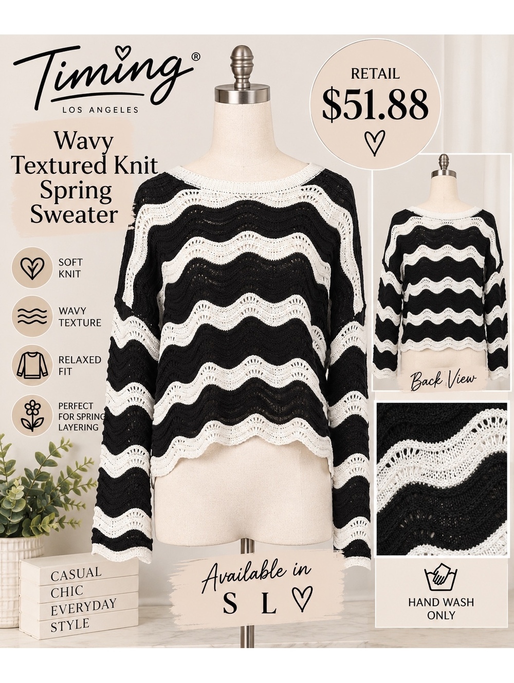 Timing Los Angeles Wavy Textured Knit Spring Sweater S & L